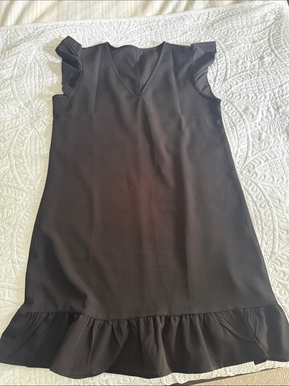 Black Ruffle-Trim V-Neck Women's Dress